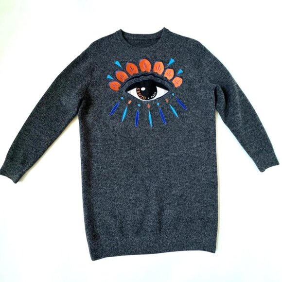 Kenzo Paris Womens S Big Eye Sweater Dress Embroidered Gray Orange Wool Blend - Picture 1 of 5